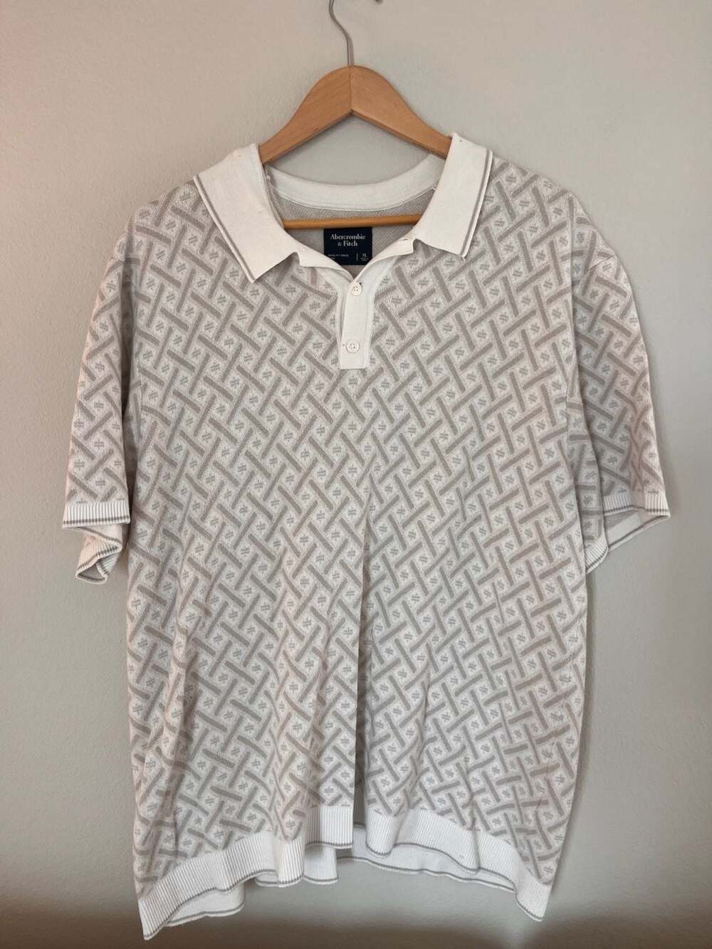 Abercrombie & Fitch, Old Money Retro Neutral Knit Polo, Preppy, Cream, XL